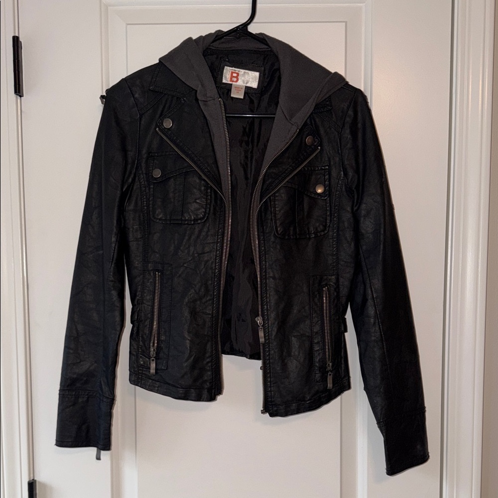Bernardo Black Faux Leather Jacket with Gray Attached Hood